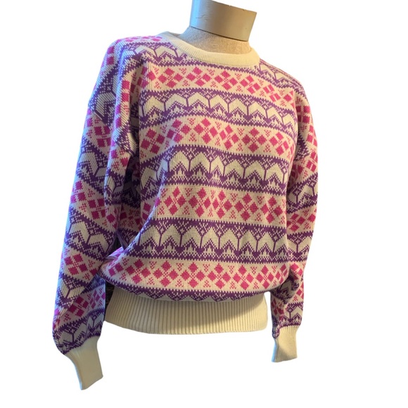 80's Vtg Meister Pink & Purple Wool Blend Nordic Long Sleeve Pullover Ski - Picture 3 of 7